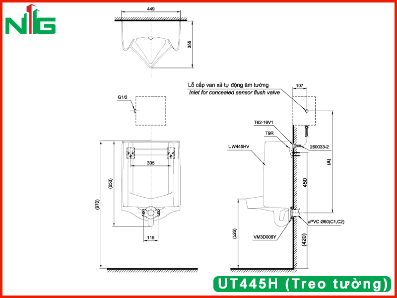 ban-ve-ky-thuat-bon-tieu-nam-toto-UT445H (Treo tường)