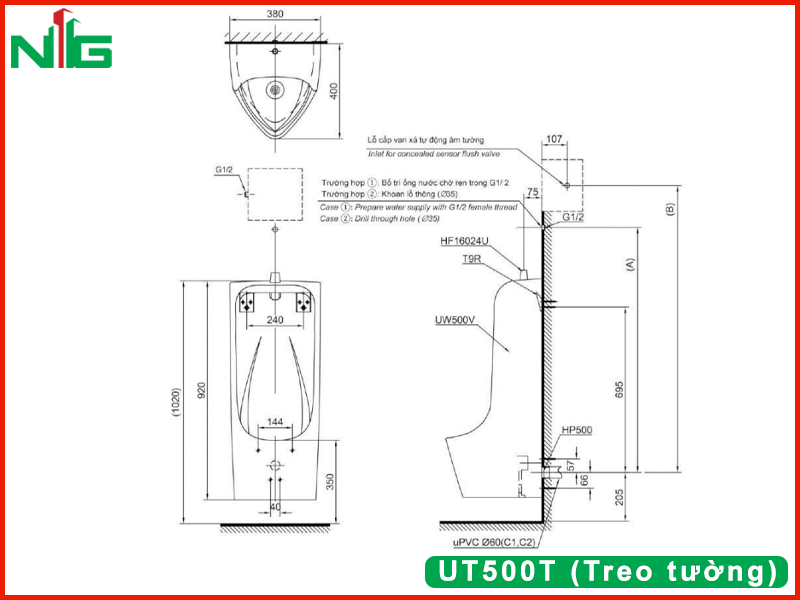 ban-ve-ky-thuat-bon-tieu-nam-toto-UT500T (Treo tường)