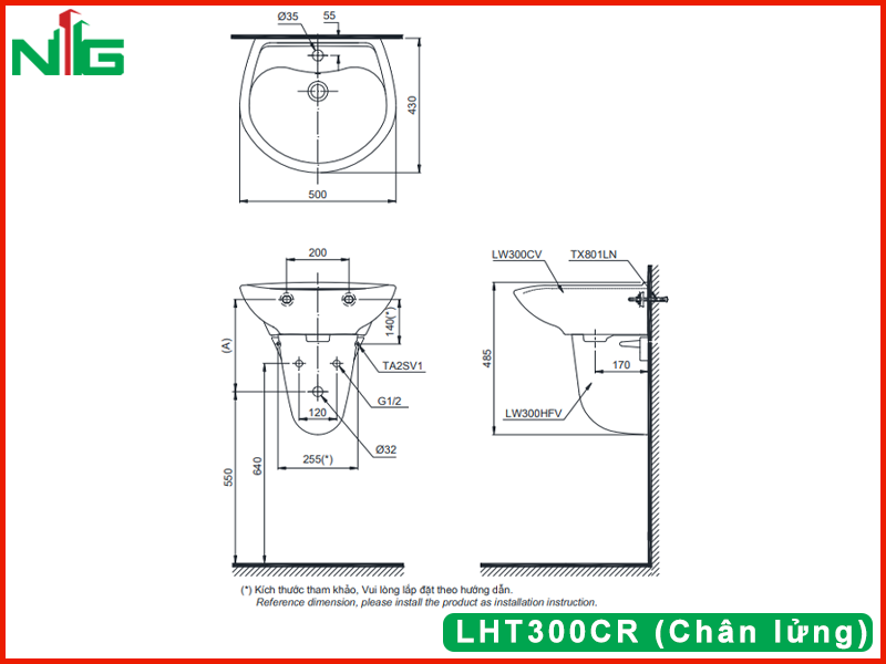ban-ve-ky-thuat-lavabo-treo-tuong-toto-LHT300CR (Chân lửng)