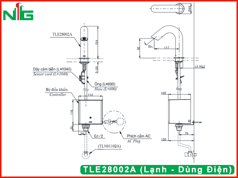ban-ve-ky-thuat-voi-lavabo-cam-ung-toto-TLE28002A (Lạnh - Dùng Điện)