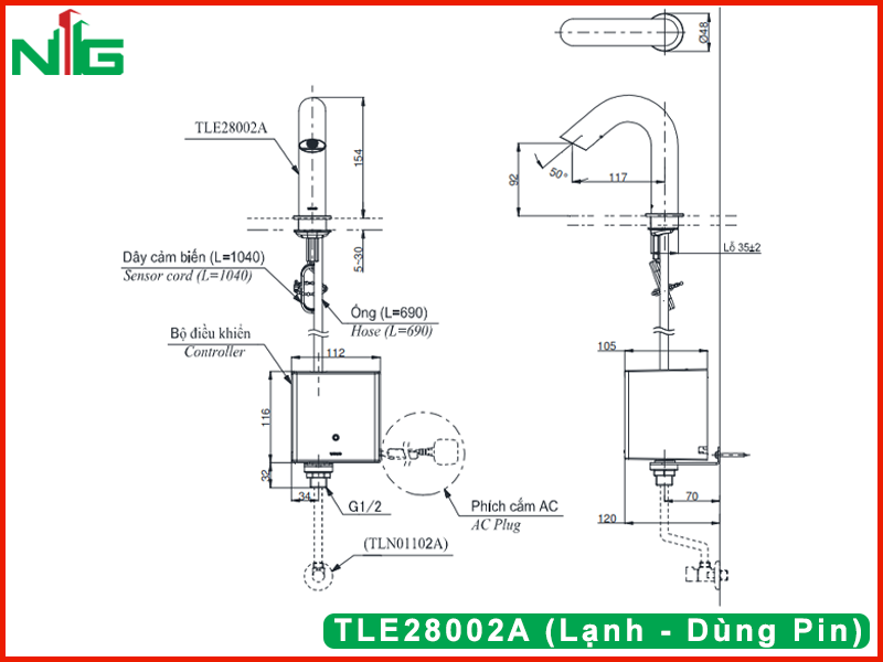 ban-ve-ky-thuat-voi-lavabo-cam-ung-toto-TLE28002A (Lạnh - Dùng Pin)